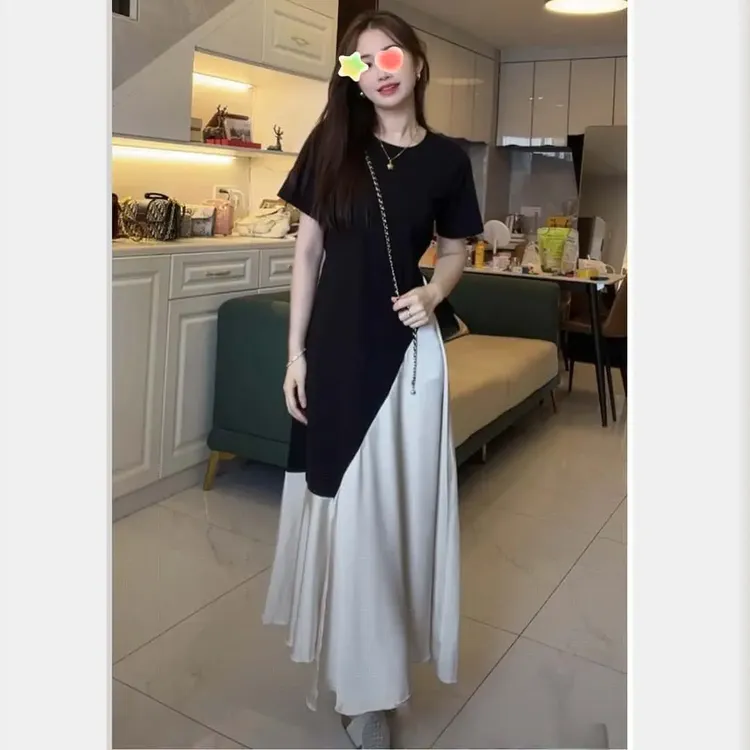 大码百褶下摆撞色拼接t恤连衣裙女夏季新款胖mm宽松显瘦气质裙子