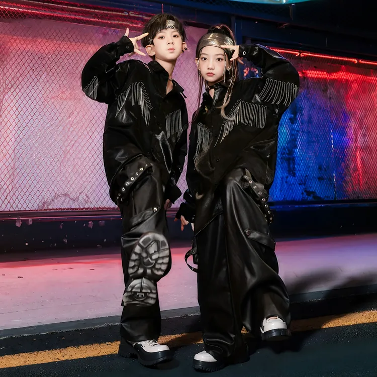 街舞炸街男童套装黑色架子鼓表演服装女童街舞潮服男孩爆帅潮服