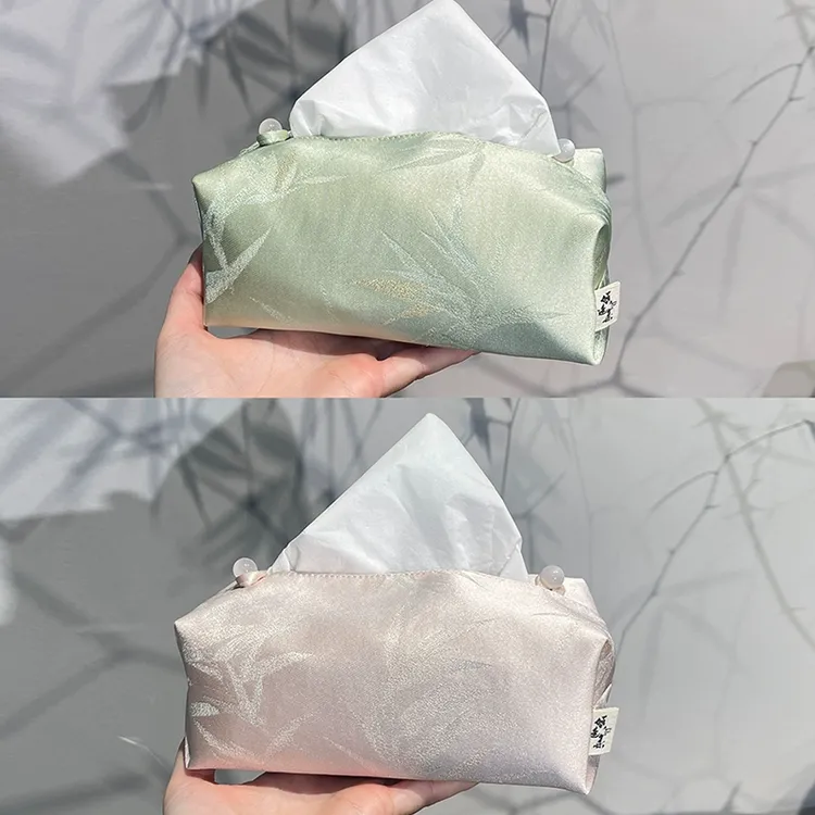 惊蛰 织锦缎刺绣竹纹纸巾盒桌面收纳盒布艺抽纸袋家用抽纸盒配件