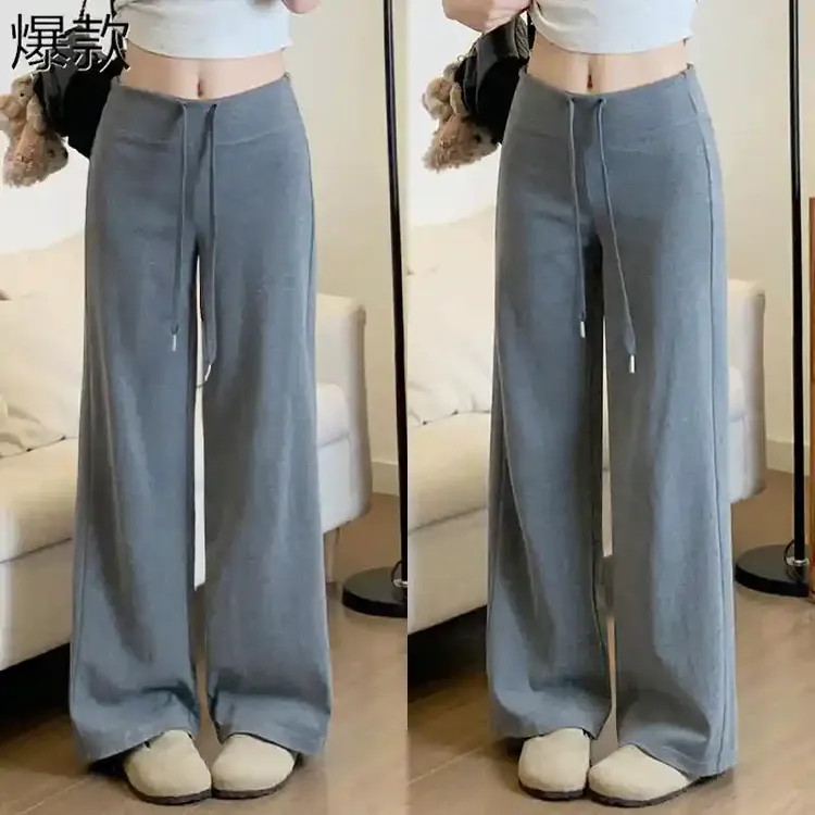 灰色直筒运动裤女夏季2025年新款高腰垂感薄款小个子休闲阔腿卫裤