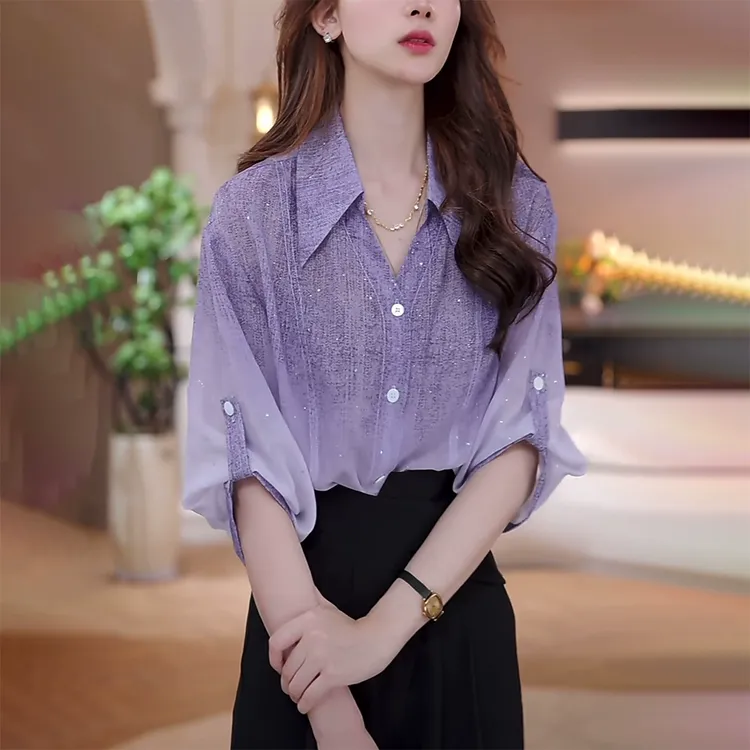 渐变紫色显瘦短袖衬衫女夏季2025新款高级感减龄洋气宽松衬衣上衣