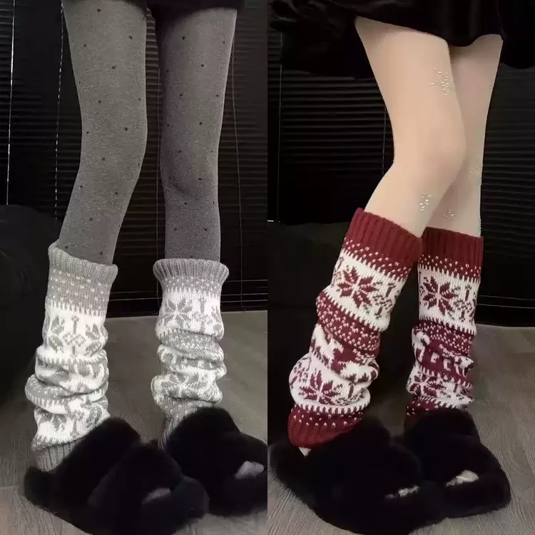 【五双】费尔岛雪花复古日系辣妹秋冬保暖圣诞针织堆堆袜套费尔岛zy