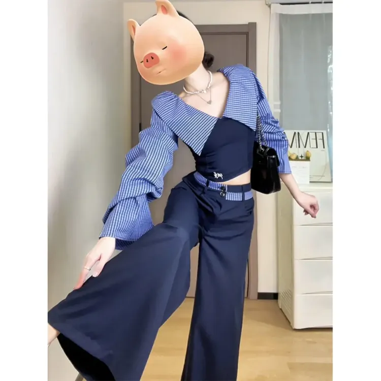 套装女2025春秋新款气质一字肩条纹长袖衬衫高级别致修身阔腿裤