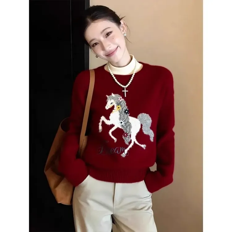 2026春高级感超好看软糯慵懒风减龄独特别致小香风新年红色毛衣女