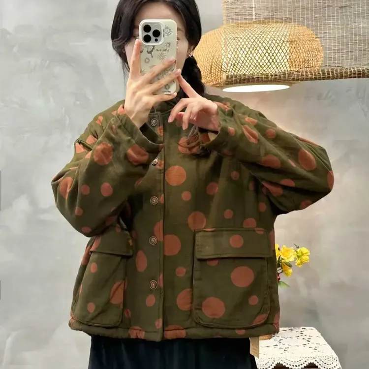 冬季复古大口袋圆点小立领加棉保暖冬季短款棉服