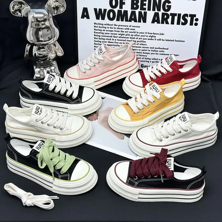 【YO】夏季帆布鞋女透气薄款厚底2025新款松紧鞋带百搭小白鞋板鞋爆