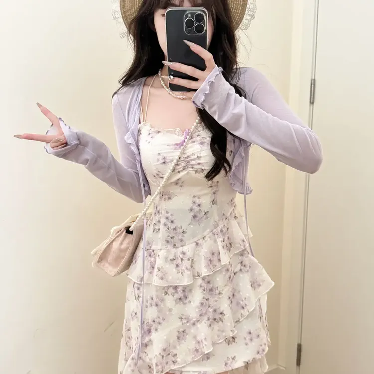 紫雾甜心紫  法式温柔气质显瘦碎花吊带拖尾裙显白开衫新款时尚女