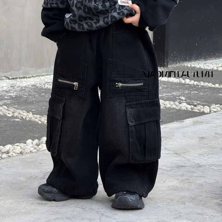 2025冬季加绒新款韩版工装牛仔裤男童时尚洋气宽松百搭直筒裤