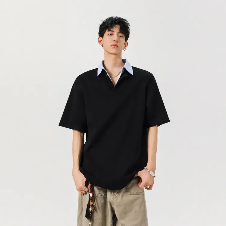 假两件衬衫领T恤男短袖polo衫设计感重磅cleanfit撞色拼接半袖夏