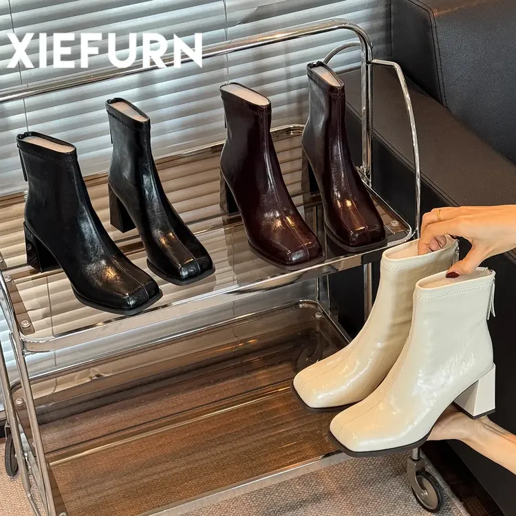 XIEFURN/鞋夫人短靴女2025秋冬新款马丁靴小个子法式粗跟瘦瘦靴