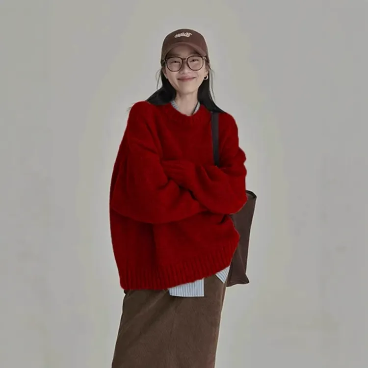 新年红色慵懒风圆领毛衣女秋冬季宽松软糯内搭打底针织衫洋气上衣