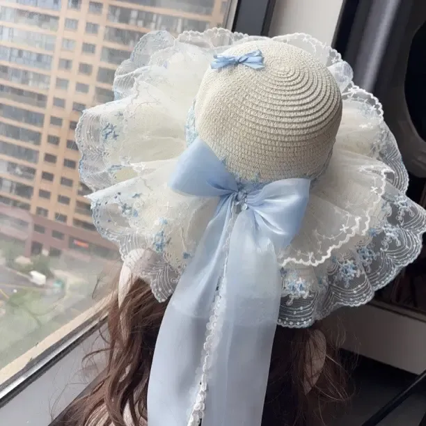 夏季甜美蝴蝶结洛丽塔风大帽檐女海边度假遮阳帽百搭时尚洋气