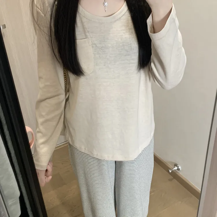 秋冬卷边U领T恤长袖打底衫韩系慵懒松弛简约百搭内