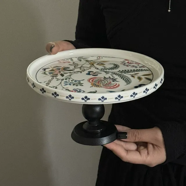 复古国风木质高脚蛋糕点心盘陶瓷水果盘零食托盘复古法式收纳盘