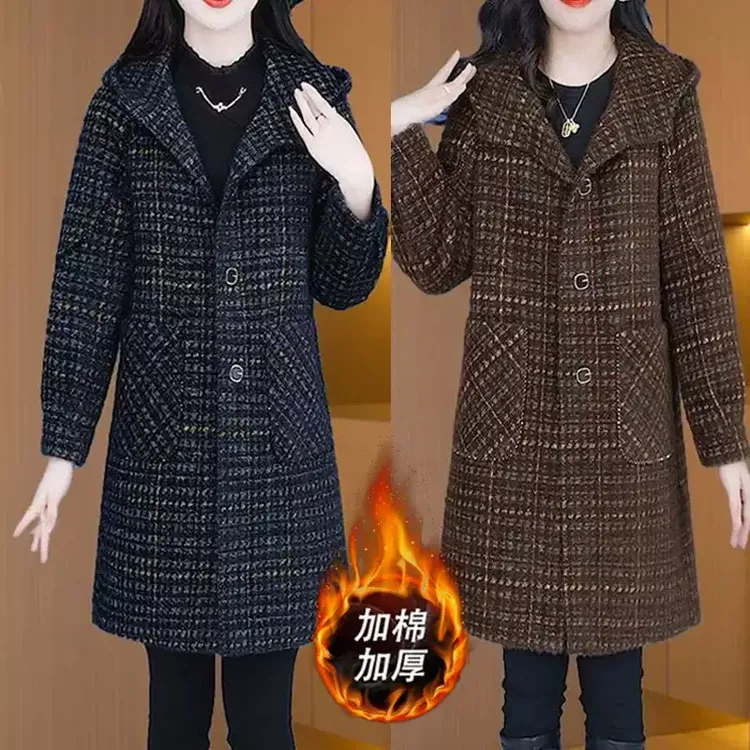 秋冬加棉加厚毛呢外套女时尚高级感高档减龄显瘦百搭中长款大衣