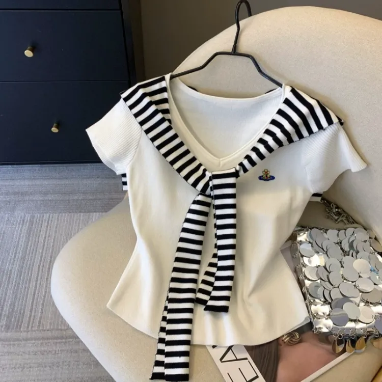 夏季薄款v领针织衫辣妹收腰上衣潮设计感航海风条纹披肩短袖t恤女