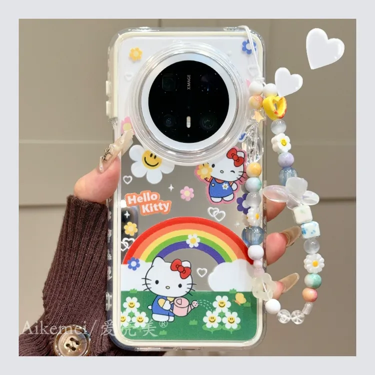 适用华为mate70pro+手机壳二合一镜面mate60pro+彩虹花朵kt猫链条