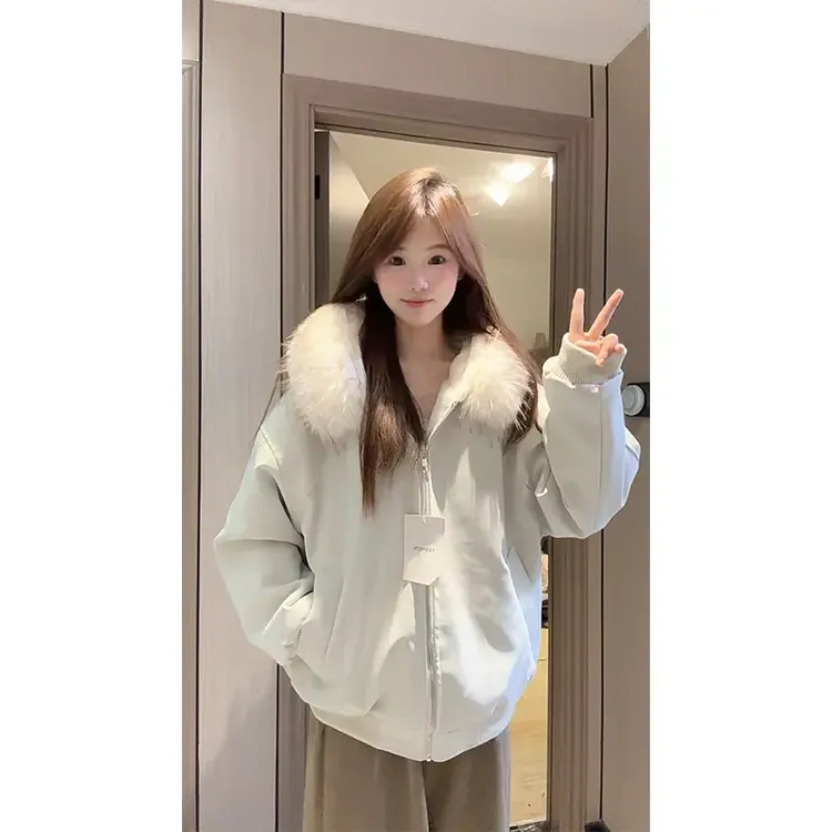 美式座山雕pu皮仿兔毛绒大毛领棉服2025冬加绒派克服外套潮男女