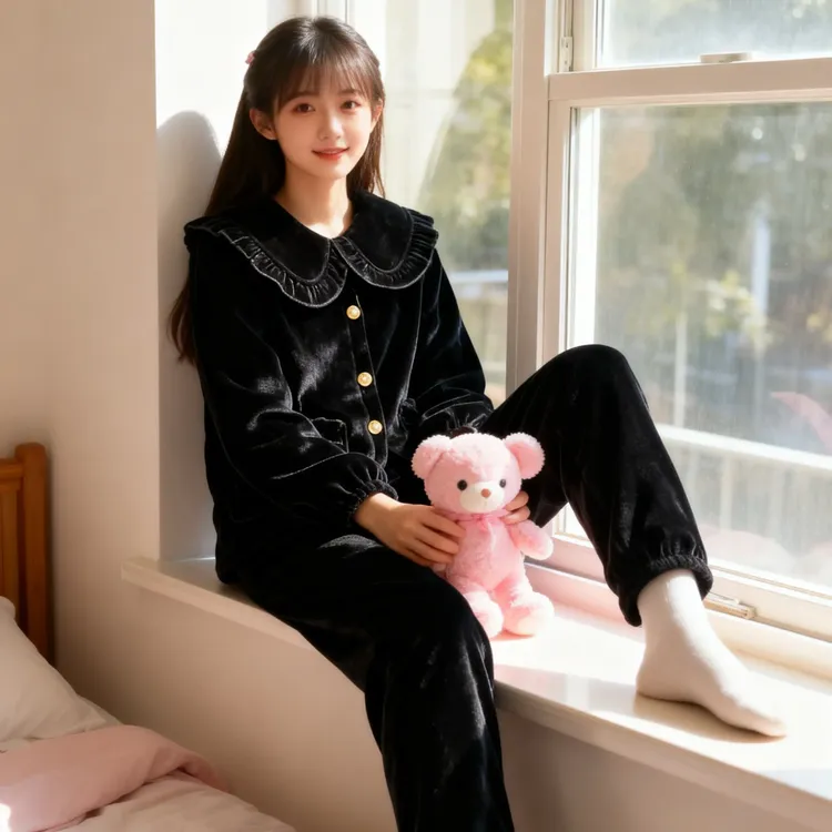 洋气娃娃领领黑色小香风雪尼尔三层加厚冬季外穿女款家居服套装