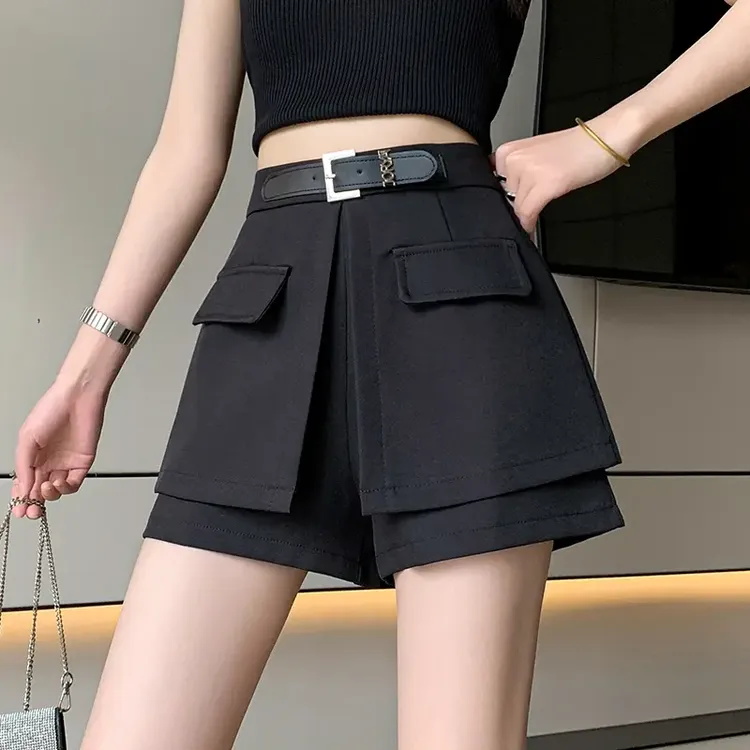 工装短裤女2025新款爆款春秋季高腰裙裤设计感显瘦黑色a字阔腿裤