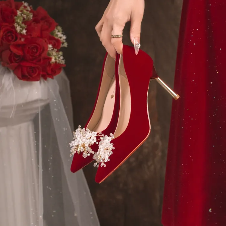 红色婚鞋女款2025新款秋冬结婚鞋子新娘鞋中式秀禾服高跟鞋高级感