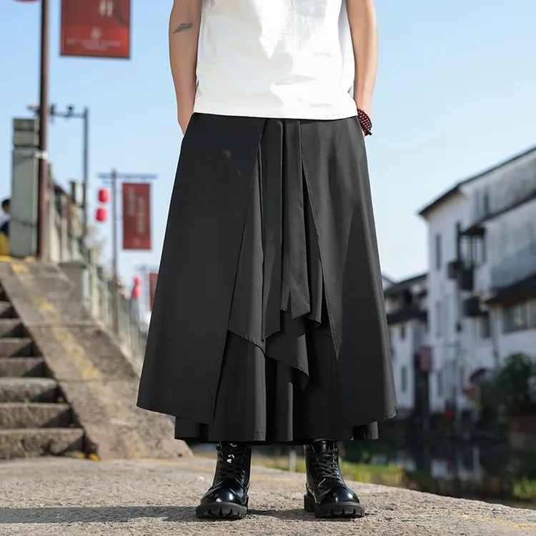 新中式男裤子不规则多层次拼接阔腿九分裤中国风汉服宽松蛋糕裙裤