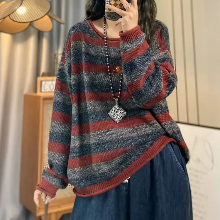 彩色宽条纹长袖女冬季圆领针织毛衣棉线针织衫