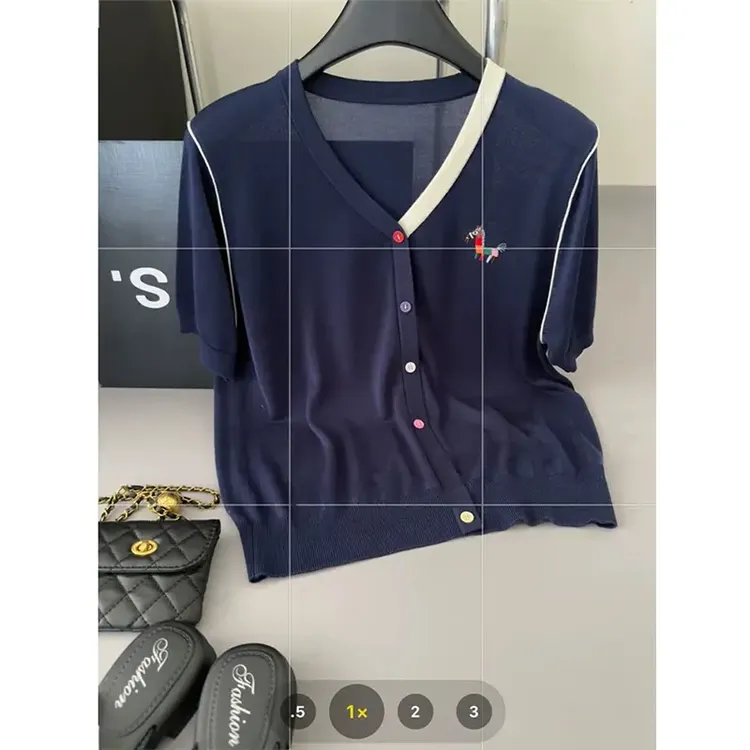 时尚格调~100天丝 莱赛尔小马彩条V领针织假开衫短袖针织T恤上衣