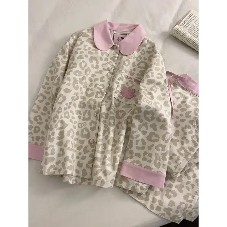韩系粉色翻领豹纹凯蒂猫睡衣女秋季新款卡通少女休闲家居服两件套