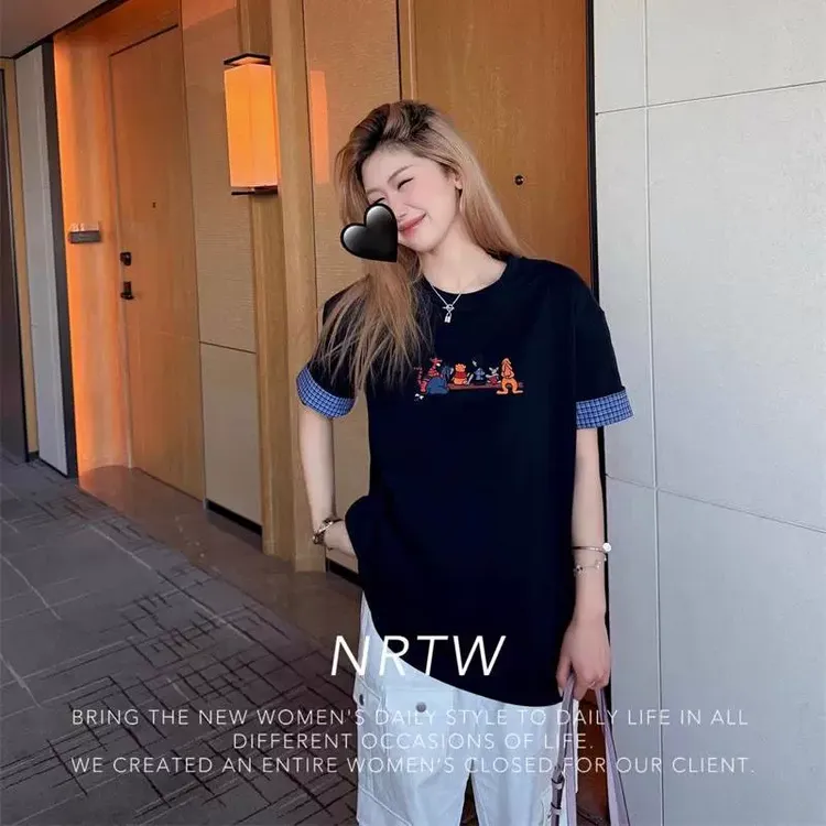 欧货2026春夏新款时髦洋气印花格子拼接短袖T恤女士宽松休闲上衣