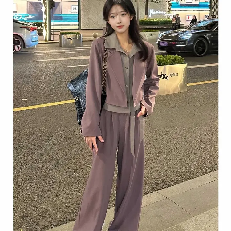 2025早秋套装新款休闲时尚套装高级感假两件西装+高腰阔腿裤3件套