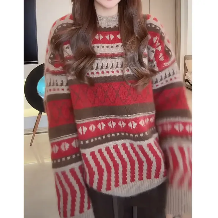 【费尔岛圣诞】条纹毛针织衫重工提花红色女新年毛衣上衣加厚圆领