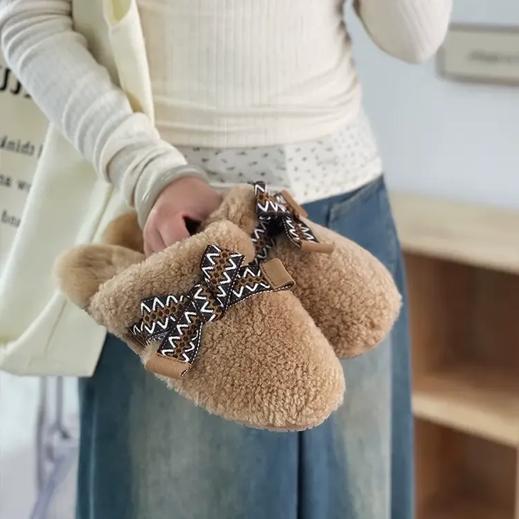 【一欣】桑坡羊羔毛拖鞋女外穿防滑蝴蝶结懒人皮毛一体半拖