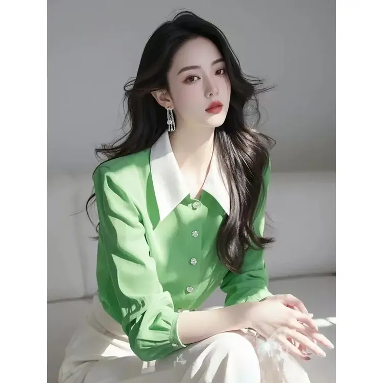 2025春装新款高级感轻奢减龄洋气超好看独特漂亮绿色撞色雪纺衬衫