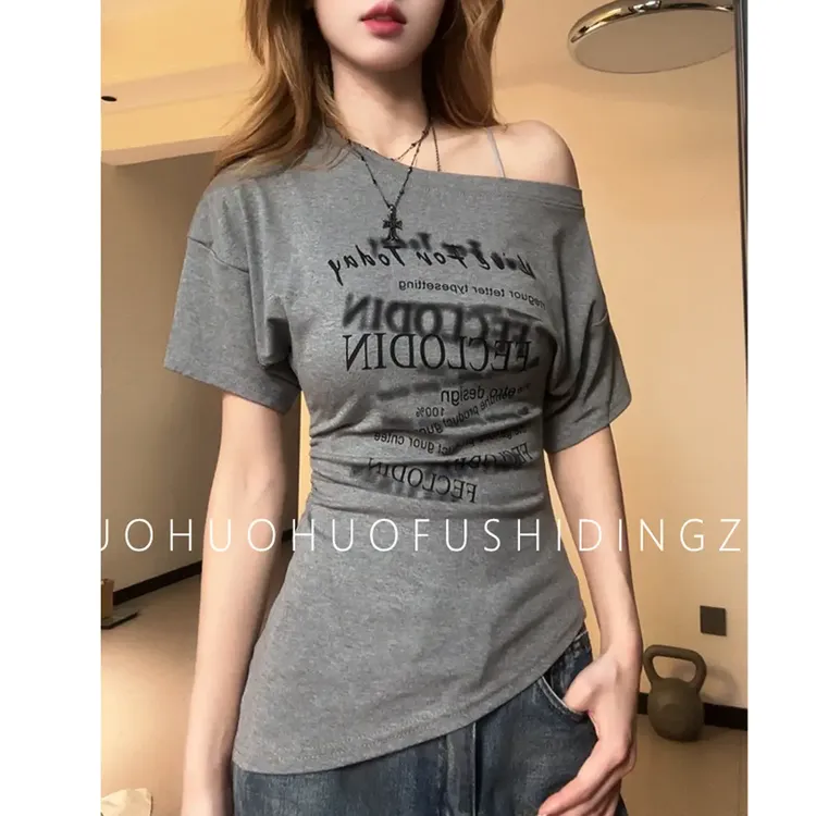 印像家夏季新款不规则斜肩字母印花短袖T恤女收腰上衣