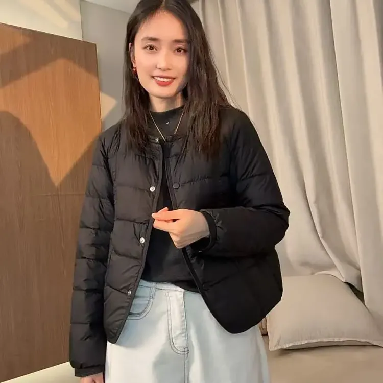 6006-长袖短款90鸭绒收口袖羽绒服单排扣纯色时尚女装轻薄
