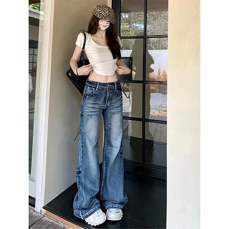 无敌小蛋糕美式复古水洗直筒牛仔裤女2025夏季新款高腰垂感显瘦阔腿拖地长裤