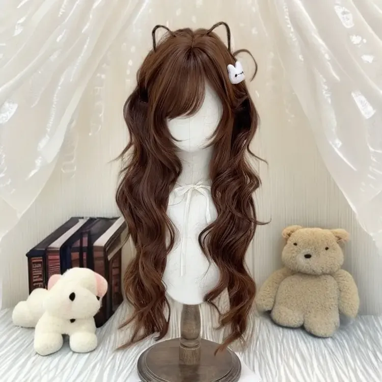 日系古早风格巧克力色长卷发自然蓬松日常甜美Lolita仿真整顶发套