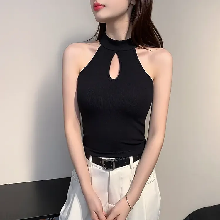 少女风法式吊带秋螺纹黑色挂脖带胸垫背心镂空辣妹慵懒风打底上衣