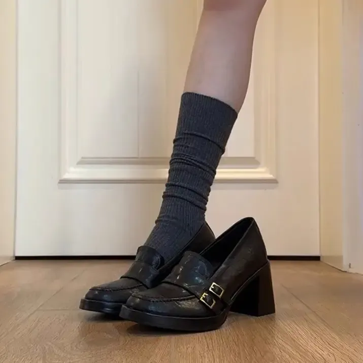 羊皮版~英伦风高跟乐福鞋女一蹬复古百搭通勤鞋静音粗跟小皮鞋