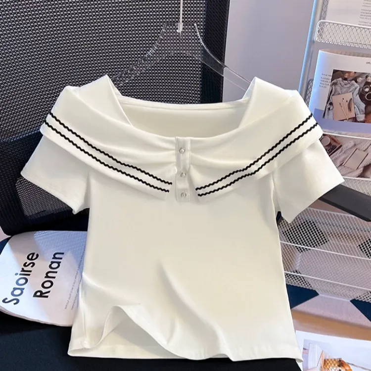 棉白色方领短袖恤女新款夏季正肩修身显瘦短款露锁骨上衣