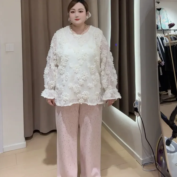 大码胖mm法式钉珠甜美内搭蕾丝上衣