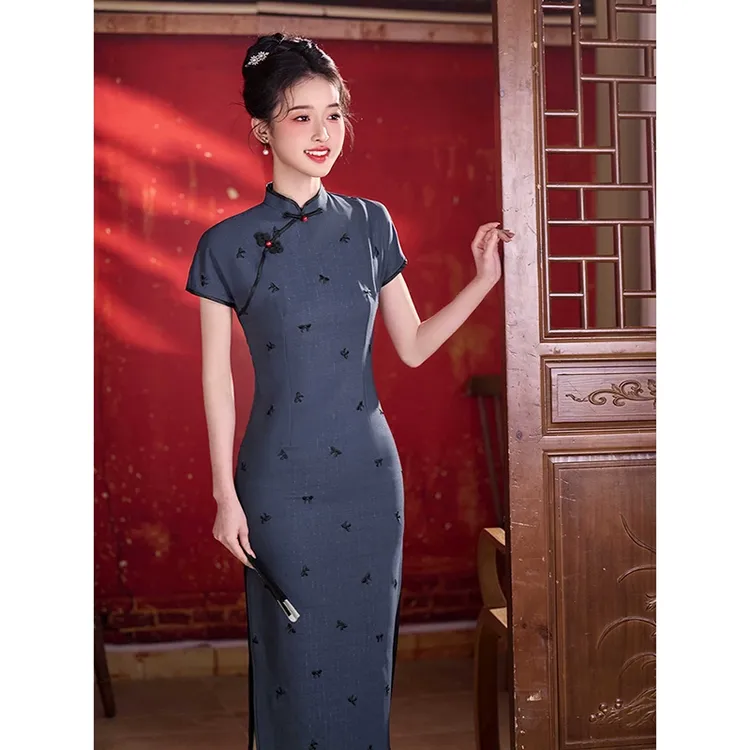 蓝色旗袍女新中式新款复古气质高端上档次连衣裙改良日常夏季