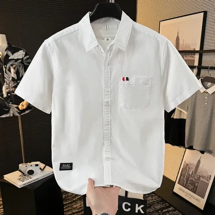 色织带装饰！舒适高级感！夏季日系复古薄款纯棉牛津纺短袖衬衫男潮