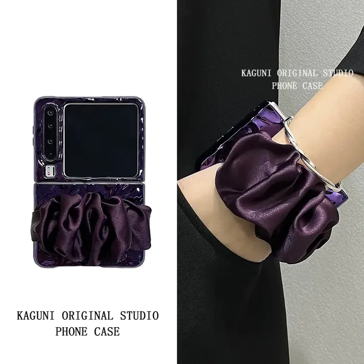 典雅轻奢风暗紫褶皱丝巾腕带适用华为purax/p50pocket2手机壳