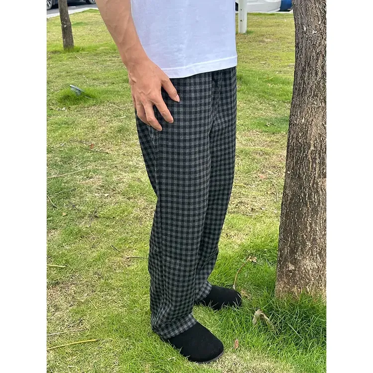 黑灰色格子裤男夏季薄款慵懒垂感裤子宽松慵懒感休闲微喇直筒裤