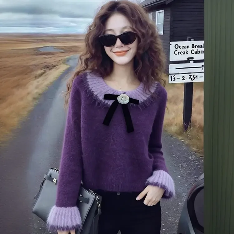 娃娃领拼色蝴蝶结套头针织衫2025秋冬韩版显瘦重工花朵软糯毛衣潮