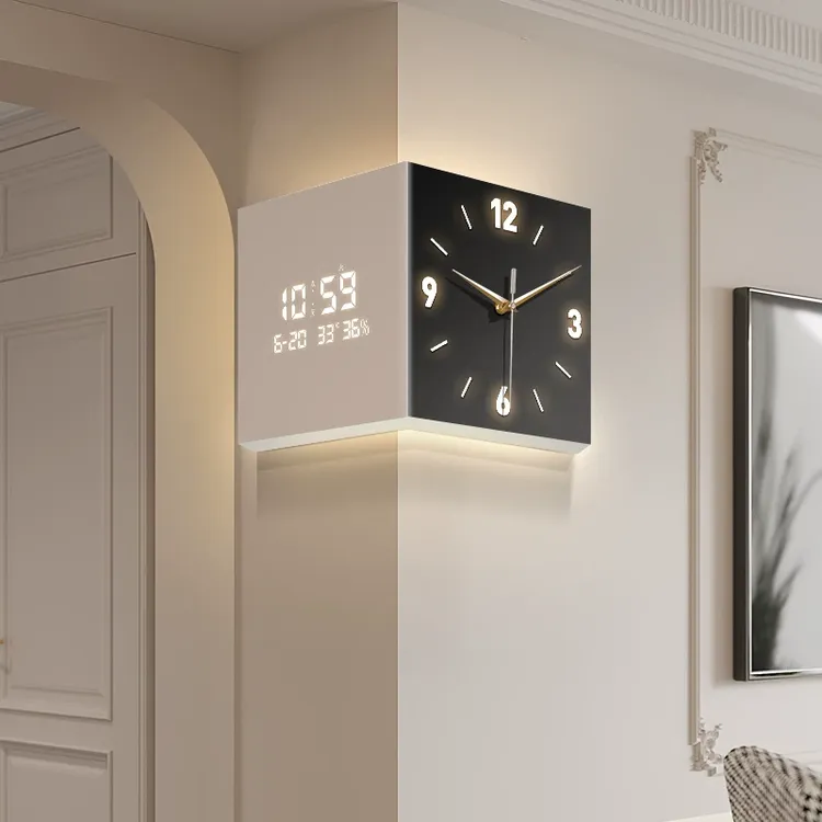 客厅转角时钟双面挂钟2025新款万年历电子钟黑白简约拐角钟表挂墙