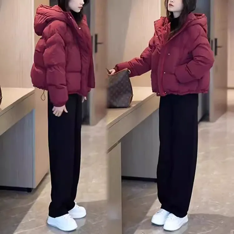 小个子连帽棉服外套女冬季2025新款韩版时尚高级感加厚红色面包服