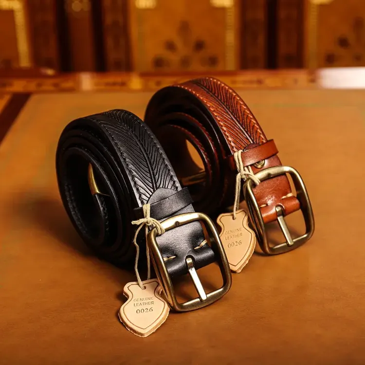 重磅牛皮精致扣铜扣潮流美式复古雕花个性牛仔裤百搭真皮腰带